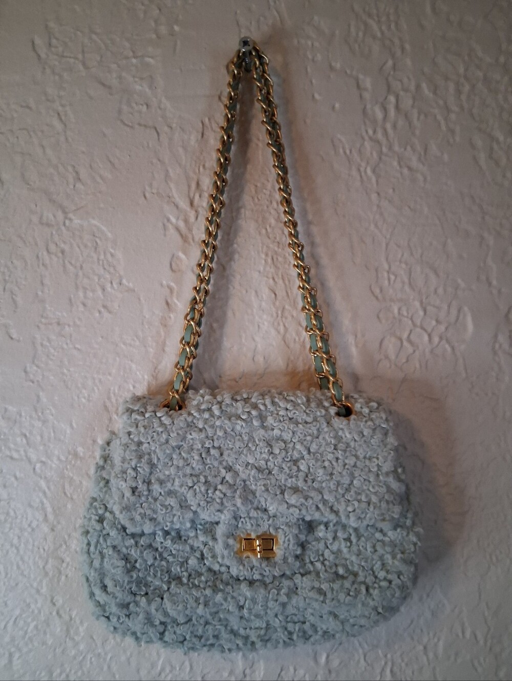 Plush Sherpa Chain-Handle Shoulder Bag in Pale Blue